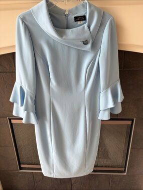 Tahari Pale Blue Midi Dress with Ruffle Bell Sleeves